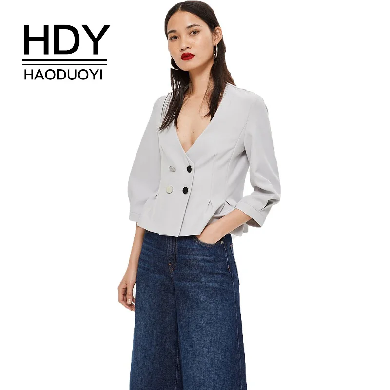 

HDY Haoduoyi Seven Point Sleeve Suit Coat Women 2019 Summer Autumn V-Neck Metal Double-Breasted Pleated Lantern Sleeve Coat