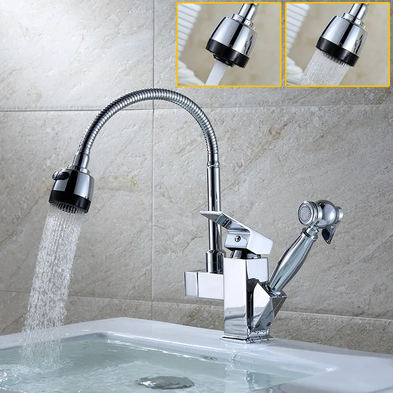 Pull Out Kitchen Faucet Two Spouts Kitchen Faucet Chrome Brass Mixer Tap 360 swivel Kitchen Sink