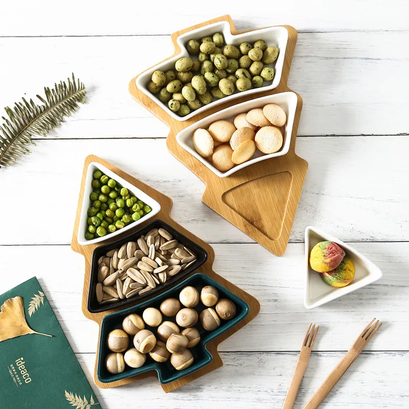 

Creative Ceramic Bamboo Storage Tableware Plate Snacks Cakes Fruit Bowls Nuts Candy Breakfast Christmas Tree Tray Home Supply