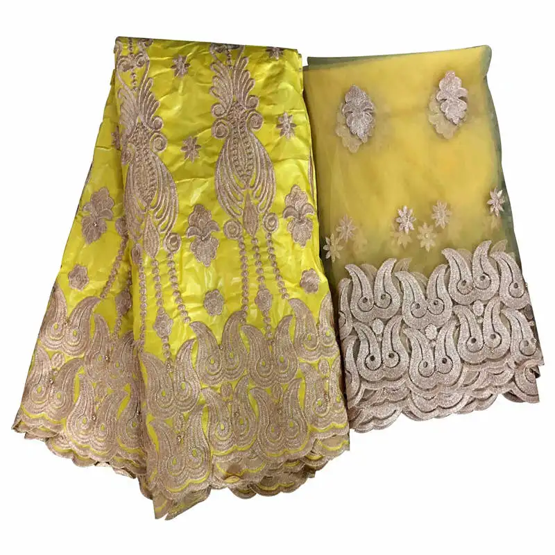 

WX!Bazin Riche Brode Lace Fabric With 2 Yards Net Blouse Beaded Embroidery Gold Line Guipure Fabric African Beads Lace ! P32561
