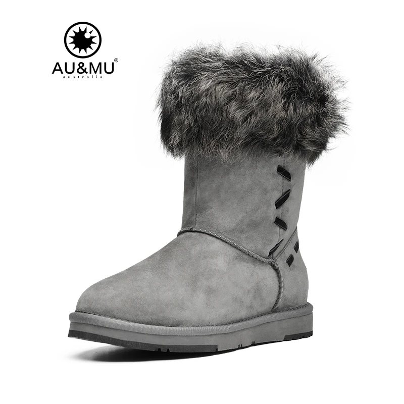 

2018 AUMU Australia Fur Flat Exposed Wool Trims Slip-on Thick Platform Round Toe Rubber Soles Winter Snow Boots N366
