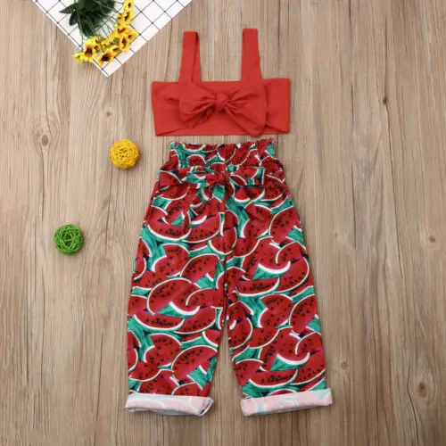 

Fashion Toddler Baby Girl Sleeveless Top Bow Pants Sunsuit Outfit Watermelon Clothes Set 2pcs