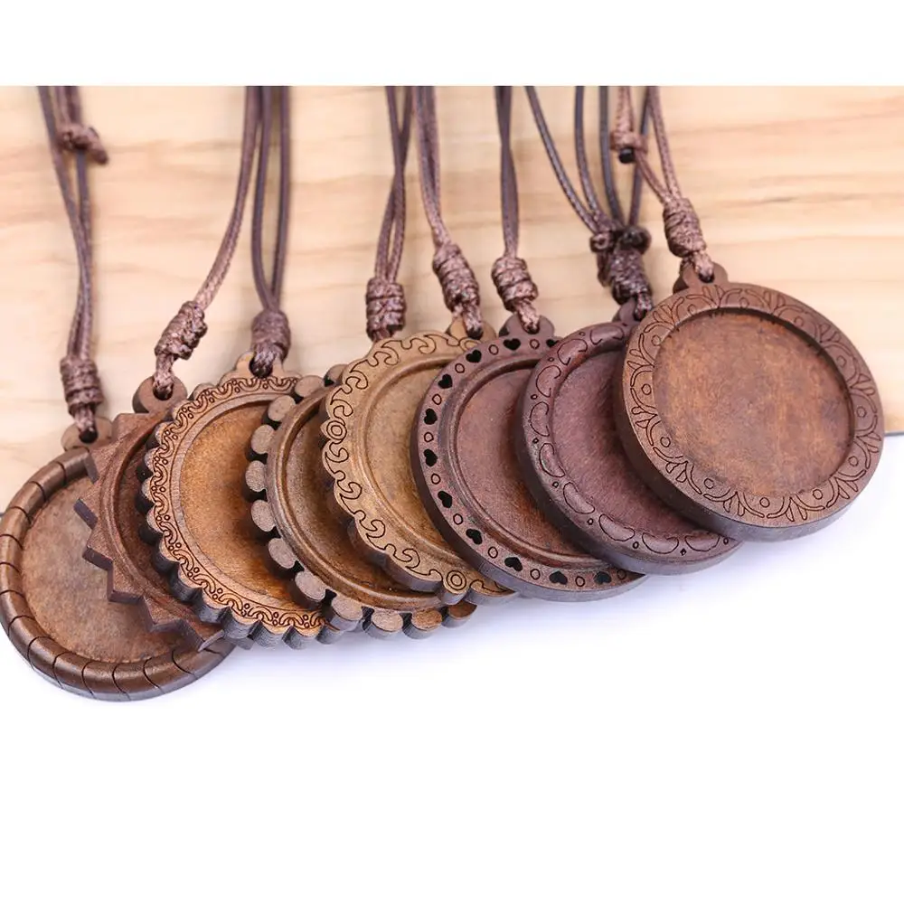 

reidgaller 5pcs 30mm woodd cabochon pendant base settings with leather cord diy blank bezel trays for necklace jewelry making