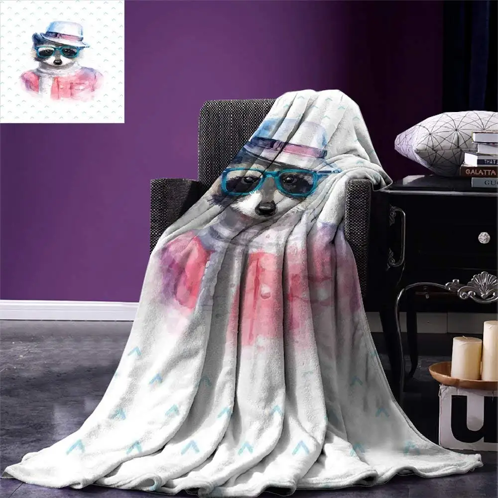 

Funny Throw Blanket Retro Hipster Funky Raccoon with Sunglasses Hat Pullover Portrait Animal Humor Theme Flannel Blanket for Bed