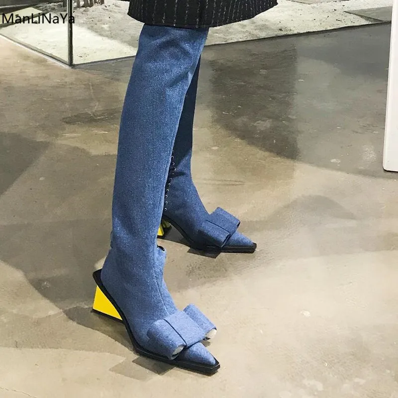 

Spring Autumn Denim Butterfly-knot Women Boots Square Toe Cross-tied Runway Shoes Strange Style Heel Over-the Knee Female Boots