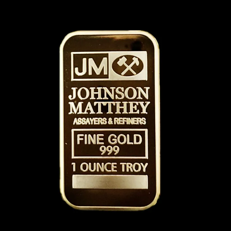 

50 pcs Non magnetic The Johnson Matthey JM bullion bar 1 OZ 24K real gold plated ingot badge 50 mm x 28 mm home decoration coin