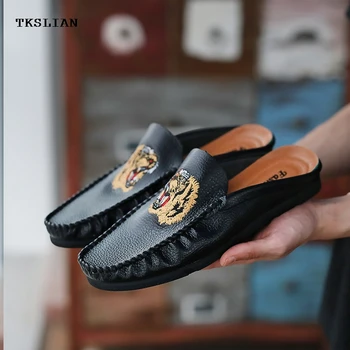 

Men's loafers half leather Tiger embroidery male Flat Heel Designer loafer slip on shoes men Leisure Comfortable white black