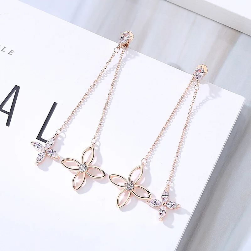 

Fashion Women Elegant Rose Gold Flower Shape Crystal Rhinestone Long Ear Stud Earrings Girlfriend Party Earring Jewelry Earring