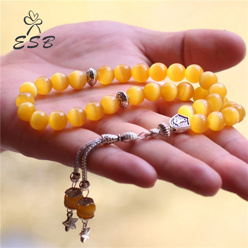 

ESB New Muslim Prayer Beads Masbaha Tasbih Akik Islam Tespih 33 Silver Plated Yellow Cat Eye Stone Charm Bracelet Women Jewelry