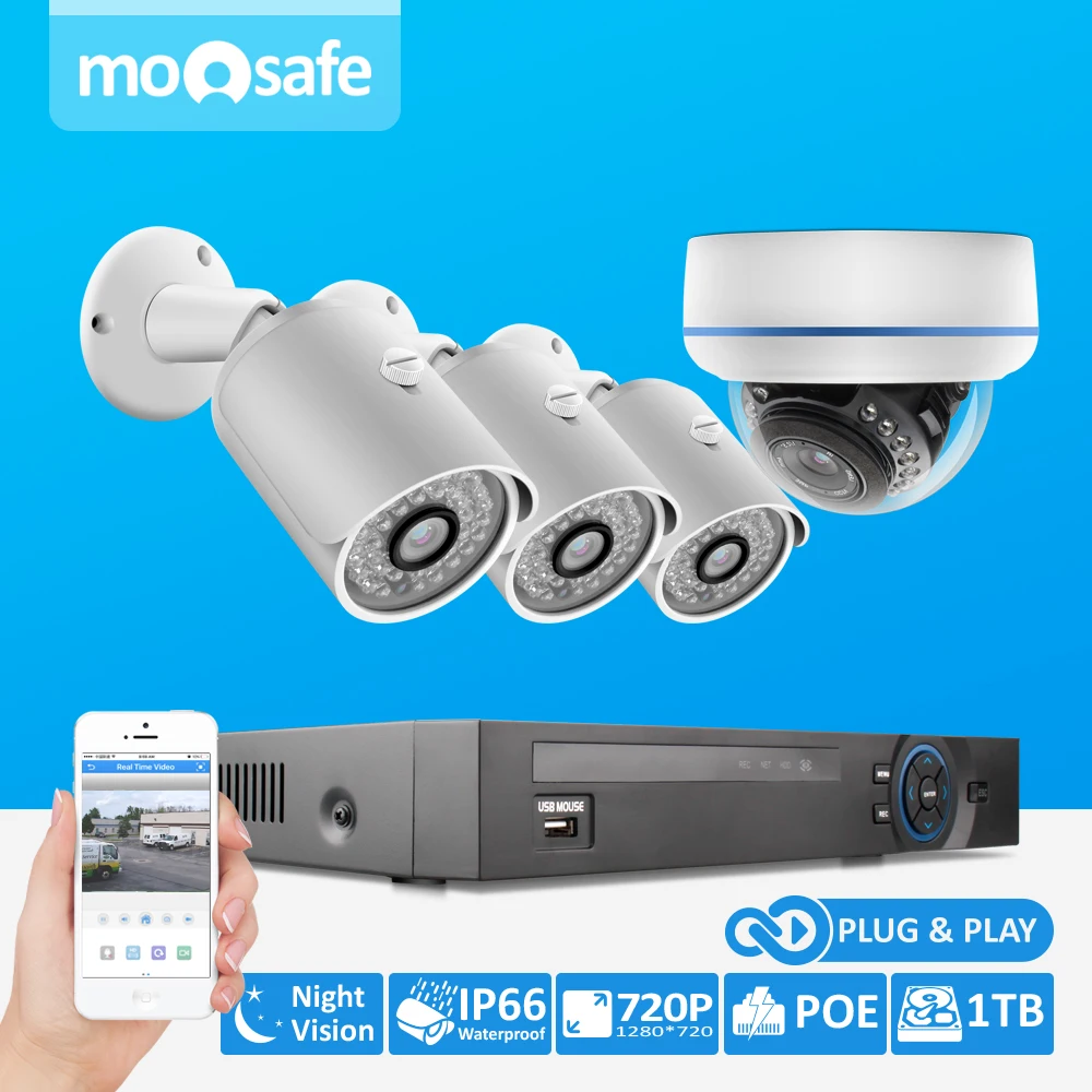  MOOSAFE 4 Channel 2MP POE NVR With 4 Outdoor 720P 1.0MP HD POE IP cameras 4CH POE NVR Set CCTV Kit Security System HDMI Output 