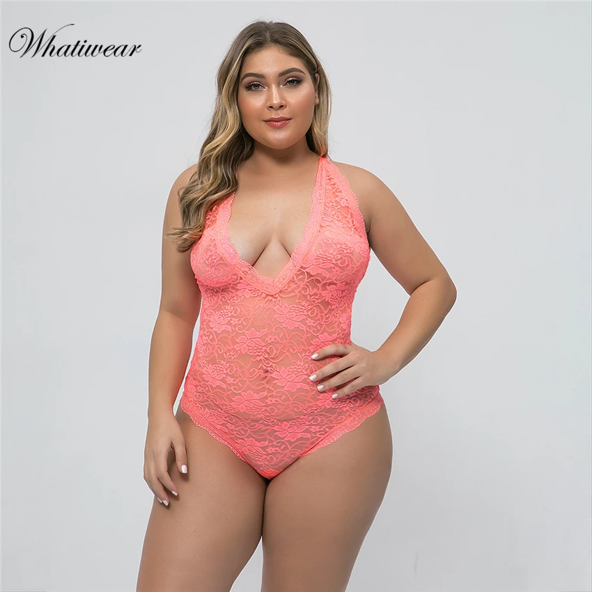 Whatiwear Плюс Размер без спинки Кружевное боди прозрачное Женское горячее