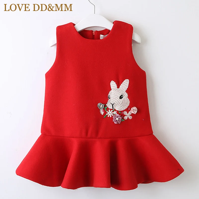 Платья для девочек с надписью «LOVE DD& MM» г. Новая зимняя детская одежда милое плотное шерстяное платье на молнии с вышивкой в виде кролика и цветов для девочек