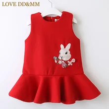 Платья для девочек с надписью «LOVE DD& MM» г. Новая зимняя детская одежда милое плотное шерстяное платье на молнии с вышивкой в виде кролика и цветов для девочек