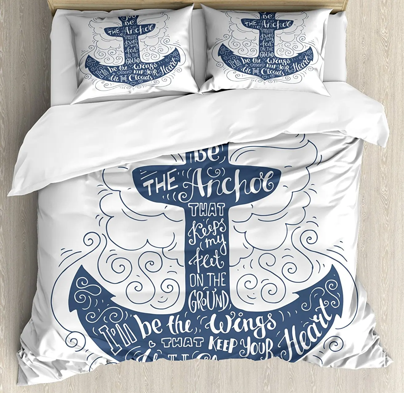 

Anchor Duvet Cover Set, Doodle Style Maritime Motif with Swirls and Curls Motivational Quote Design, 4 Piece Bedding Set