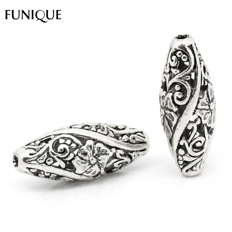 

FUNIQUE 10PCs Antique Silver Beads Jewelry Hollow Flower Pattern Carved Oval Beads Metal Beads For Jewelry Making DIY 26x11mm