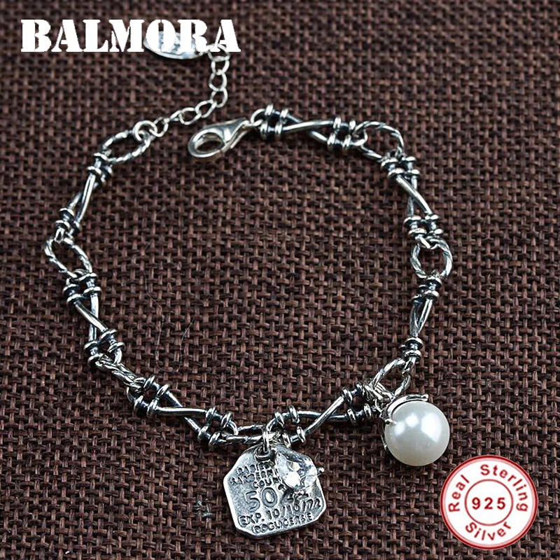 Балмора Твердые 925 пробы серебряные буквы имитация жемчуга браслет для женщин вечерние тайское модное серебро Винтажные Ювелирные изделия WBH0224