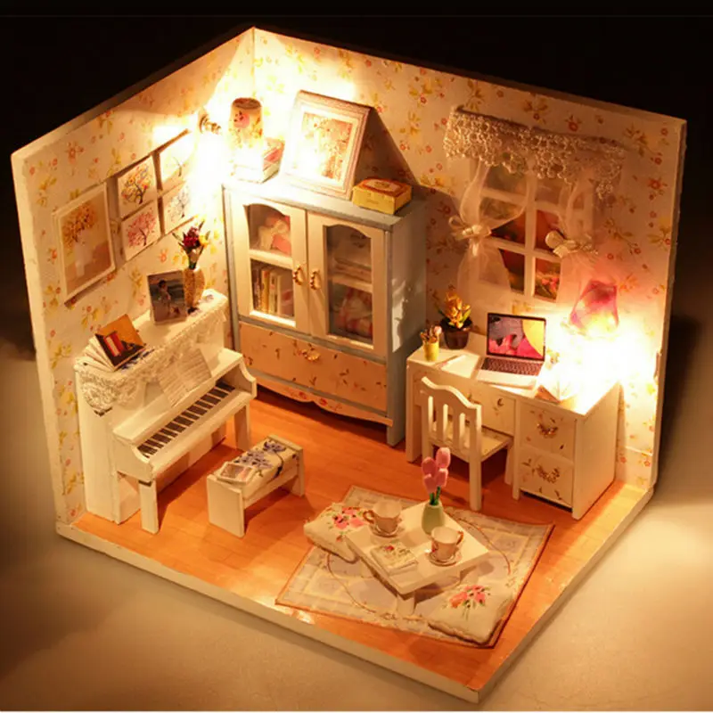 DIY Wood Doll House Piano Music Theme Houses,3D Wooden Dollhouse