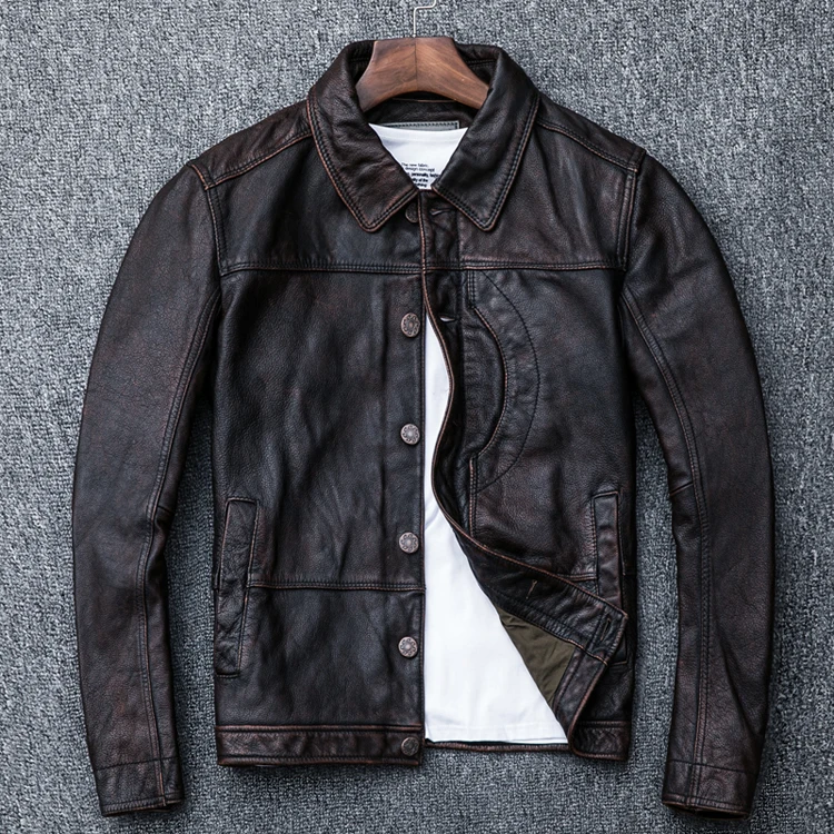 Новая стильная мужская одежда, повседневная винтажная кожаная куртка, Мужская коричневая куртка из натуральной кожи. homme slim, cool