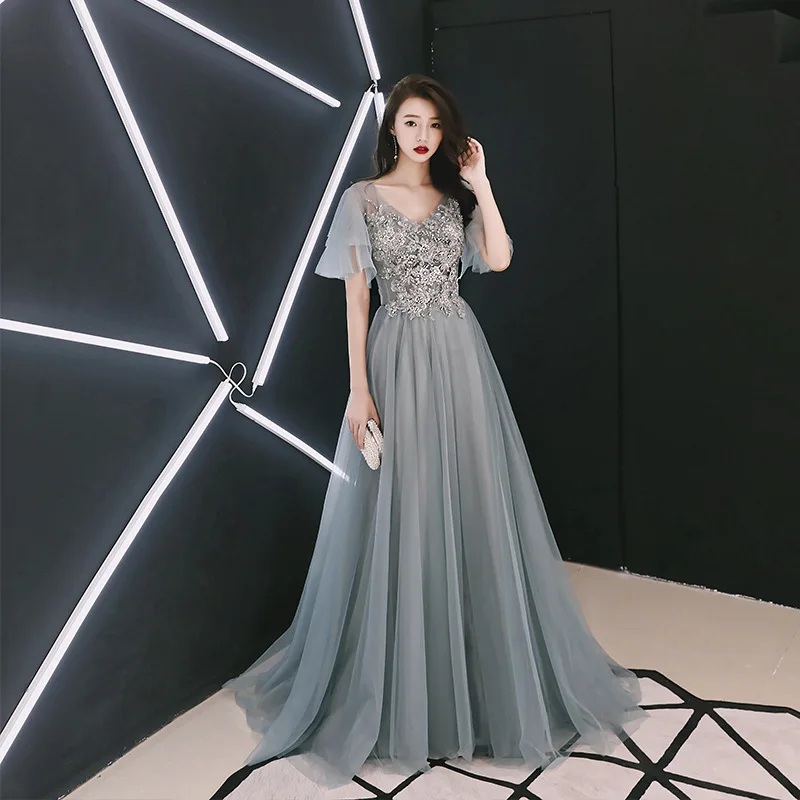 

Gray Sexy V-Neck Women Floor Length Dress Noble Elegant Evening Party Gown Vestidos Sequins Fashion Stage Show Clothes XS-XXL
