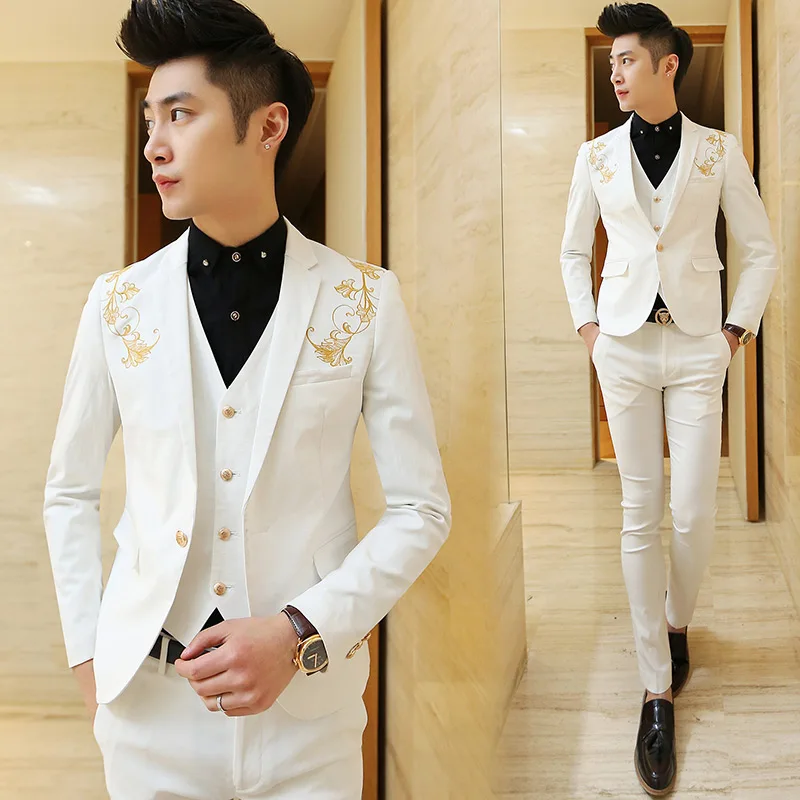 New White Embroidered Mens Wedding Suits Groom Tuxedo 3 Piece Formal Party Suits
