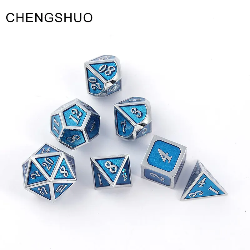

Chengshuo dnd dice metal rpg set polyhedral dungeons dragon d20 10 8 12 blue table game Zinc alloy silvery digital dice pattern