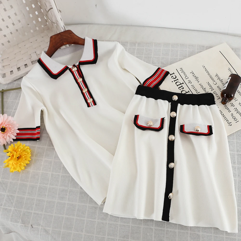 

2019 new fashion women's two piece set Spring and summer elegant peter pan collar color shirt+ matching striped knit skirt set