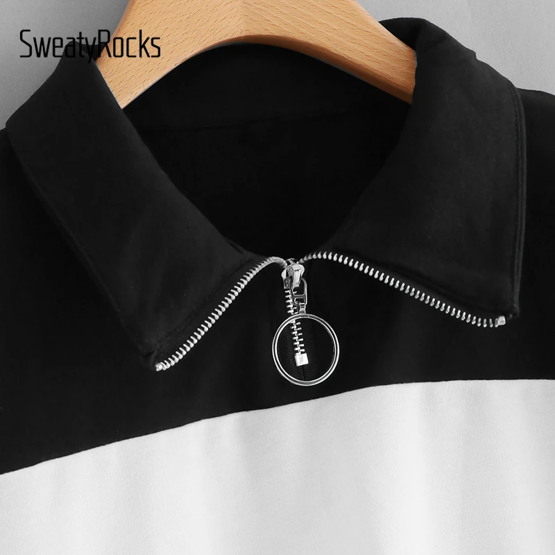 SweatyRocks Color Block Zip Up Sweatshirt Women Crop Tops Turn-Down Collar Long Sleeve Streetwear A