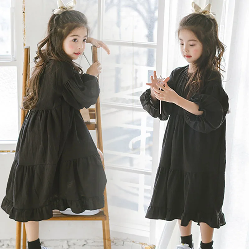 Preto meninas vestido crianças de linho algodão