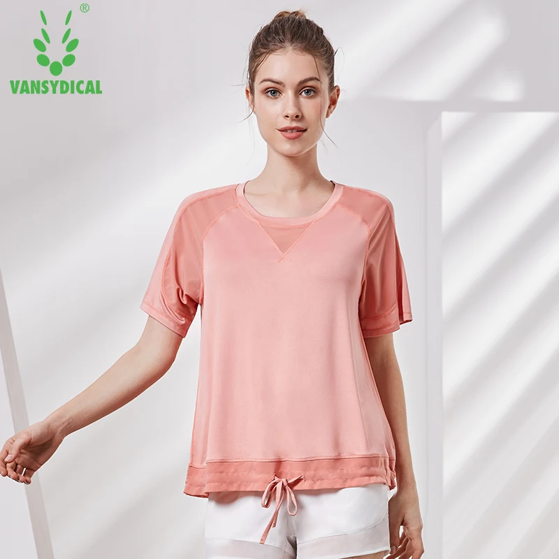 

Vansydical Women Sexy Mesh Yoga Shirts Drawstring Adjustable Loose Running Excise Tops O-Neck Fitness Workout T-shirts