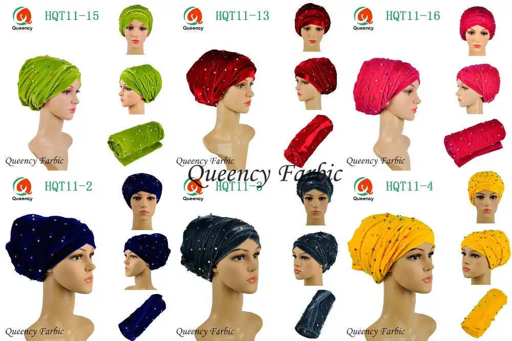 

Hot sale African Velvet turban with colorful beaded Multi-colored one pieces per pack african turban women headtie and scraf.