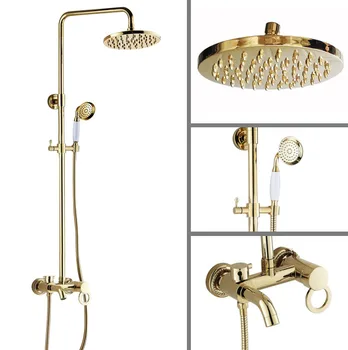 

Luxury Polished Gold Color Brass Single Circle Handle Bathroom Round Rainfall Shower Faucet Set Bath Tub Mixer Tap mgf412