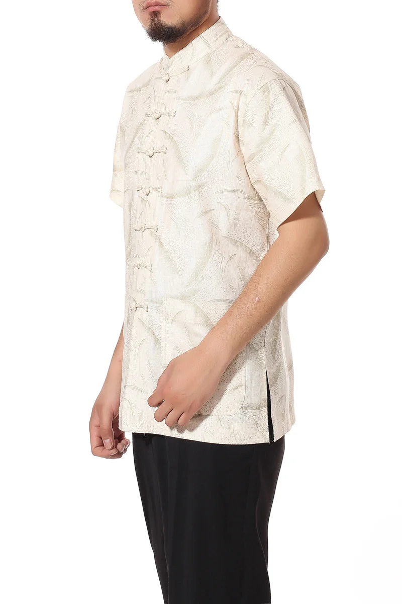 Мужская Бежевая хлопковая льняное с короткими рукавами кунг-фу Рубашка Классический китайский стиль Tang одежда Wu Shu Топы