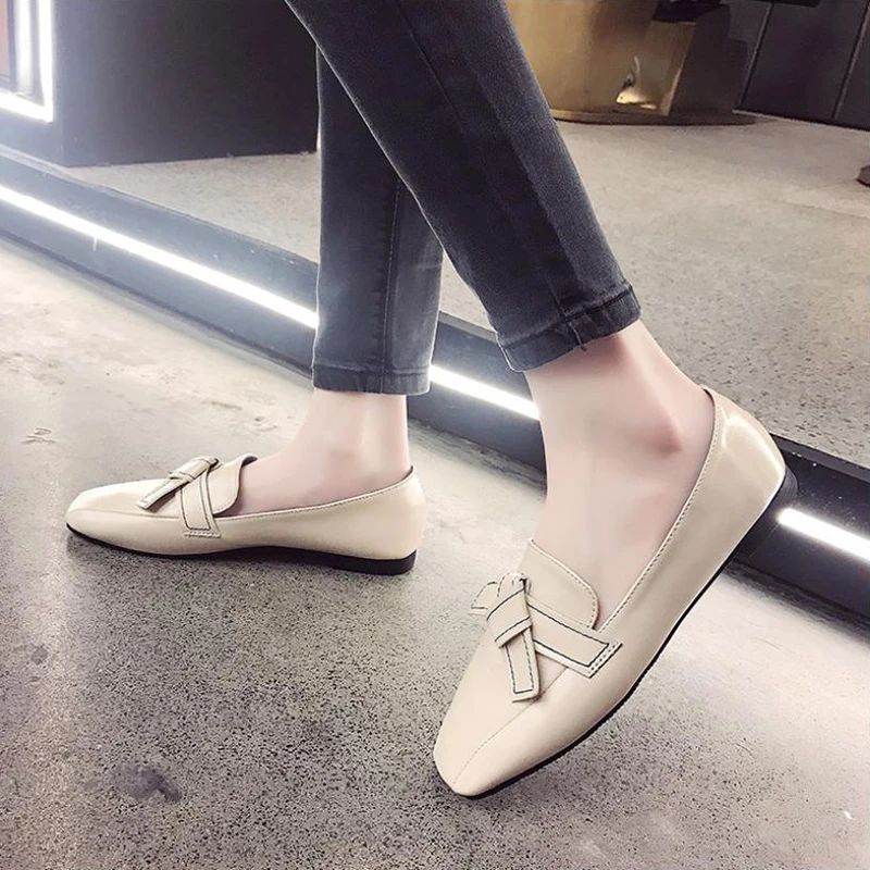 

2019 Fashion Women PU Casual Shoes Ladies Solid Shoes Square Toe sewing Women's Shoes Bow Ballet Shoes Women Comfortable Pumps