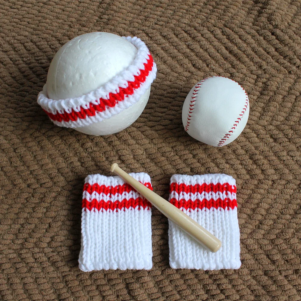Baby Boy Photography Props Accessories Baby Headband+Baseball+Sleeves+Wood Stick Set Baby Shooting Baseball Photo Prop Accessory