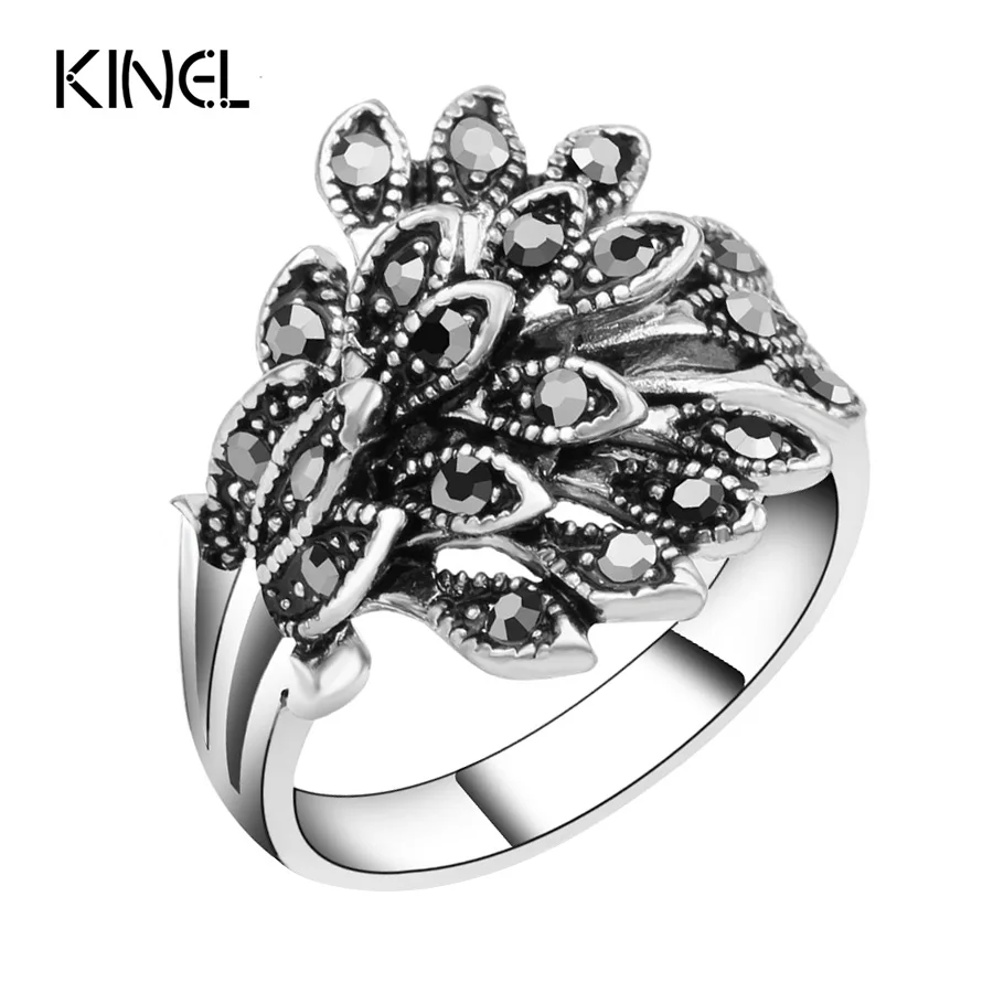 

Hot Wholesale Vintage Jewelry Wedding Rings For Women Color Silver Mosaic Black Crystal Anillo Gift Accessories