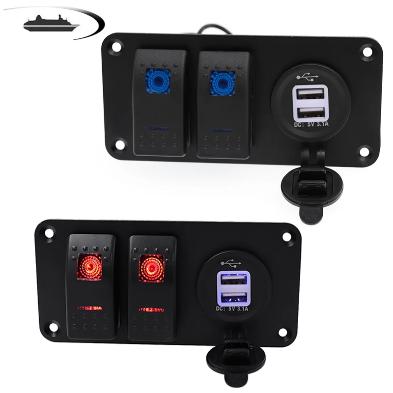 

Universal Car Switch Panel 12 V Circuit Breaker Marine Boat Rocker Control Switch Panel Blue Red LED 3.1A Dual USB Ports Socket
