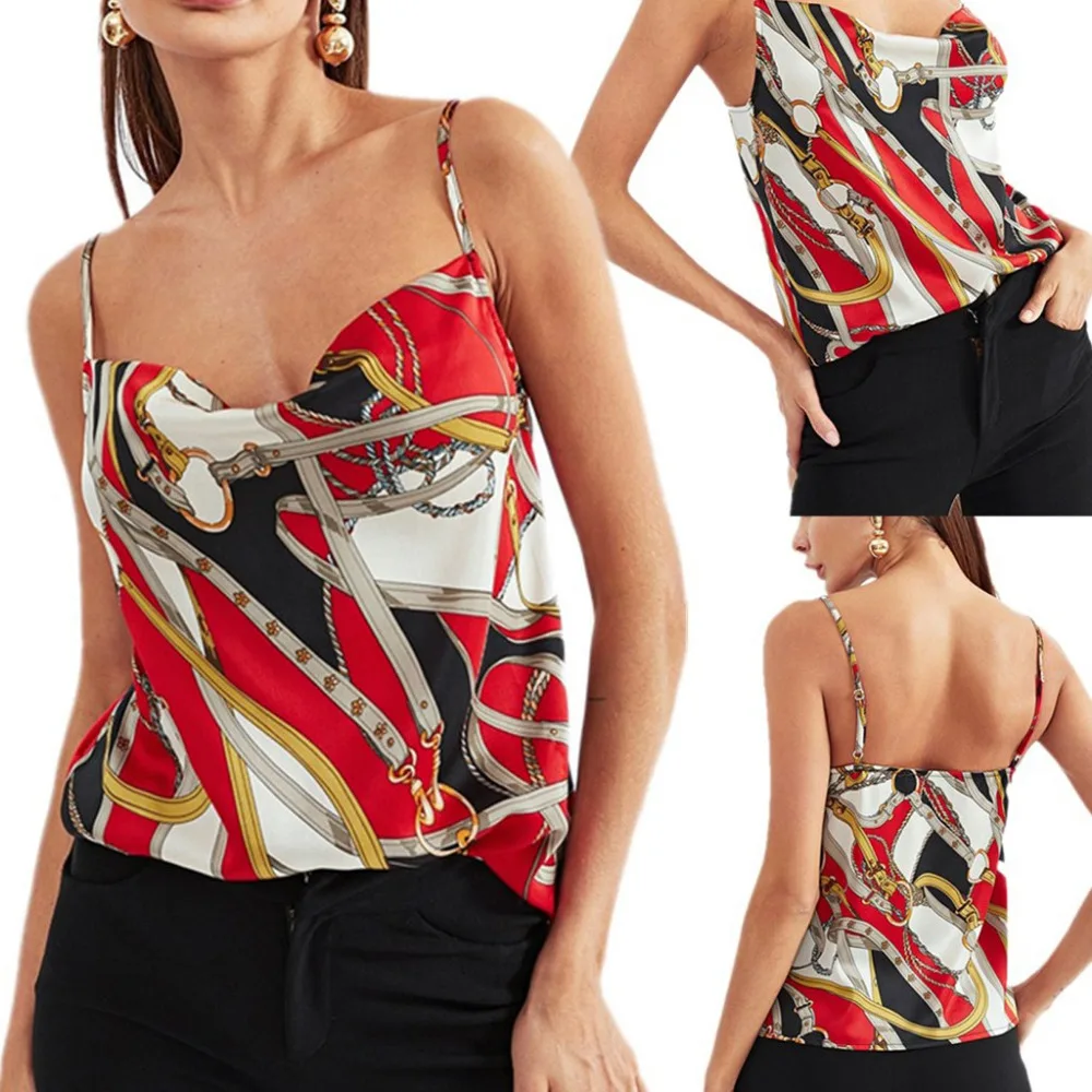 

Summer new style 2019 T-Shirt Womens Digital printing sling chiffon T-Shirt For Women belly Sexy slim Open back t-shirt 40#