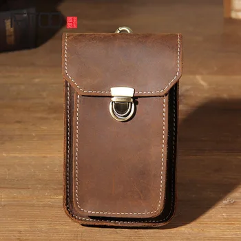 

AETOO Crazy horse leather men's small pocket, leather vertical wear belt small bag, simple sports trend mobile phone bag