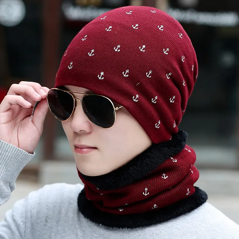 Зимняя шапка Мужская Skullies Beanies для женщин шапочки с шарфами Балаклава маска Gorras Толстая Теплая Шапка мягкая повседневная плюс бархатная вязаная шапка - Цвет: wine