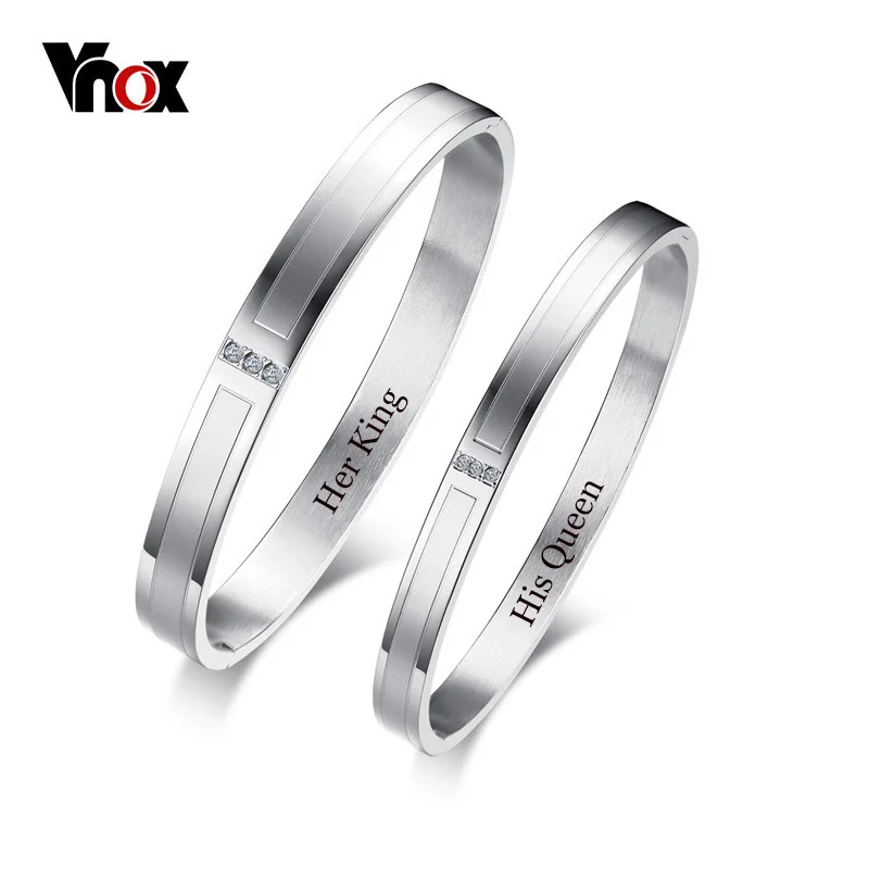 

Vnox Free Customize Engraving Cuff Lovers Bracelet Bangle for Women Men with Bling AAA Cubic Zirconia Dating Gift Jewelry