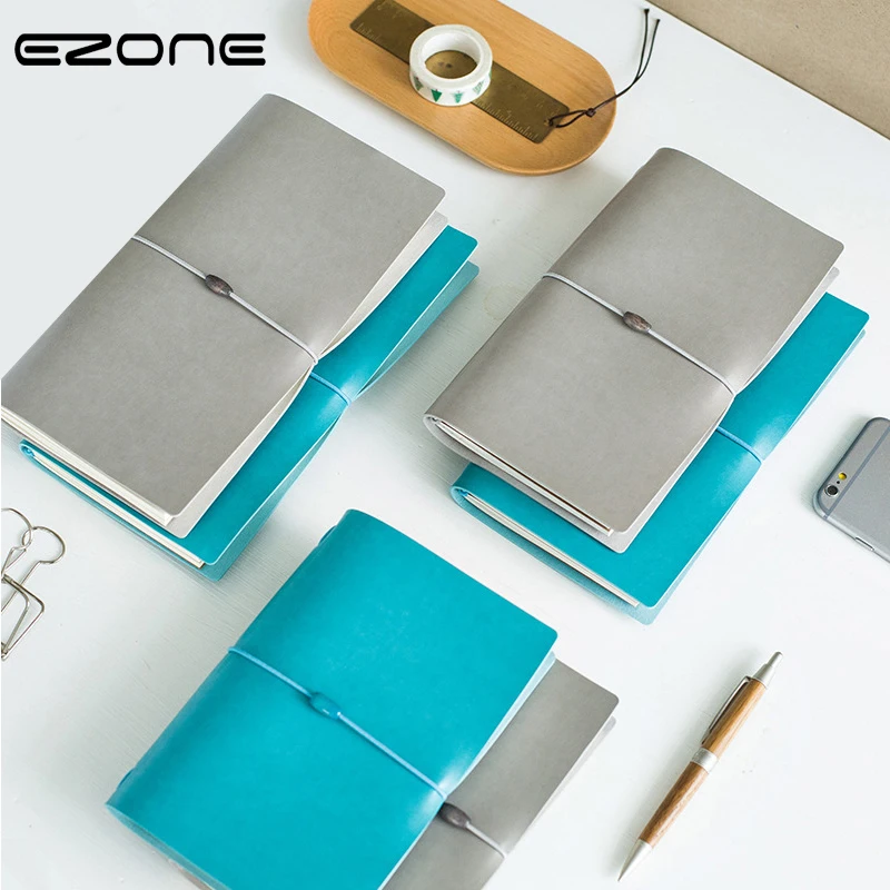 

EZONE PU Bandages Notebook Pure Blue/Grey Color Note Book 3 Size Literary Notepad Traveler Journey Daily Diary Office Supplies