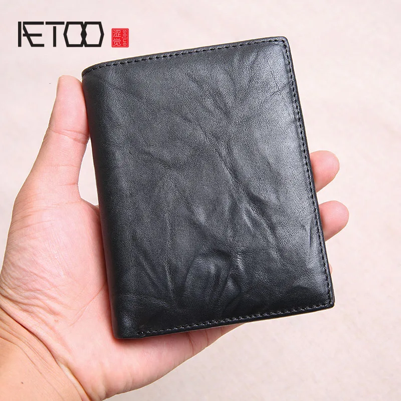 

AETOO New wallet men's short leather tide student wallet retro personality first layer cowhide vertical wallet soft leather