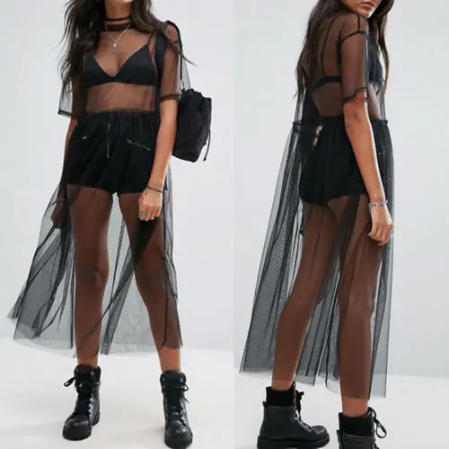 

Sexy Fashion Women Black Gauze Long sleelve Perspective Mesh Dress Sheer