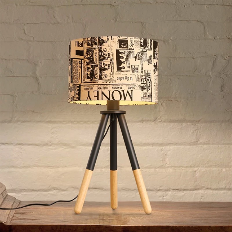 

American retro wood tripod wrought iron retro British style newspaper fabric lampshade E27 lighting table lamp art deco