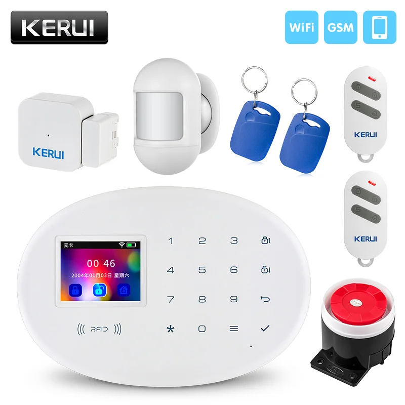 KERUI Wireless Smart Home WIFI GSM Security Alarm System With 2.4 inch TFT Touch Panel RFID Card Door Sensor Burglar Alarm KERUI Wireless Smart Home WIFI GSM Security Alarm System With 2.4 inch TFT Touch Panel RFID Card Door Sensor Burglar Alarm