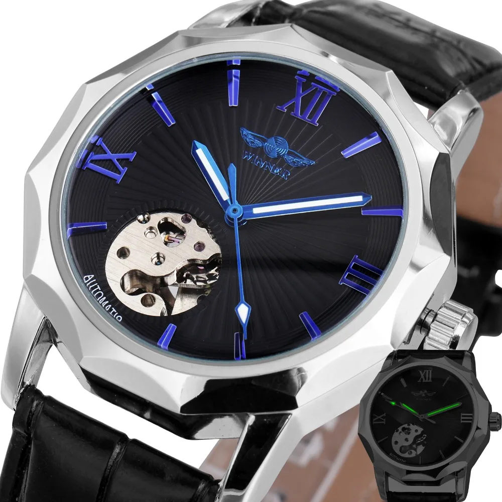 

WINNER Royal Men Auto Mechanical Watch Blue Roman numerals Small Skeleton Dial Imported Movement Black Leather Strap Wristwatch