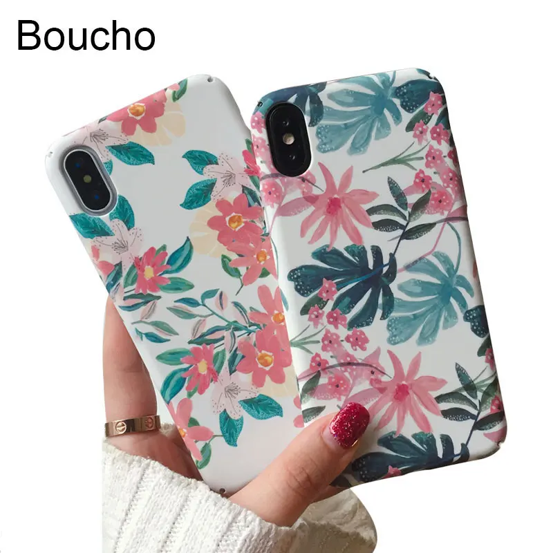 

Boucho Artistic Flower Plant Leaf Case For iPhone X Fashion Matte Case For iphone 6 6s 7 8 Plus Funda Hard Plastic Back Cover