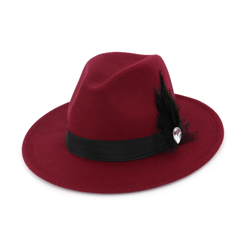 Винтаж Для женщин широкими полями, шерсть фетровая шляпа котелок шляпа Федора с пером ленты, украшения для модных дам GH-623