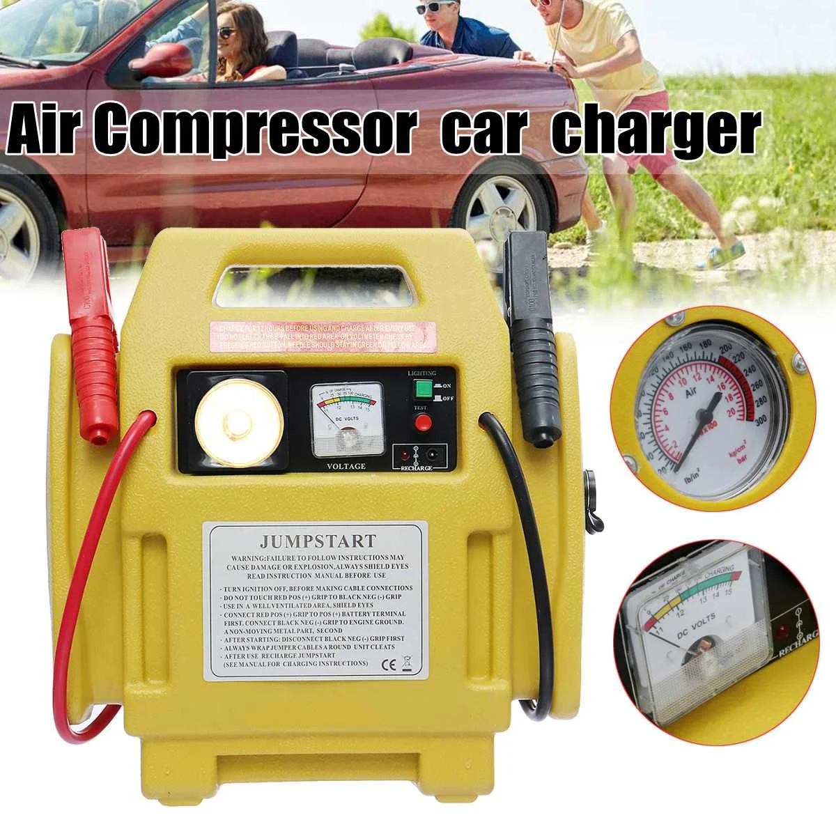 

Car Jump Starter Booster 12V Car Battery Charger Starting Power Bank Tool Kit Air Compressor with Emergency LED Light Auto Pumps