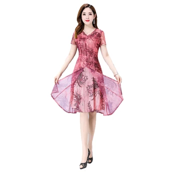

Red XL-5XL large size dress female 2019 summer new Korean short sleeve purple noble fashion chiffon dress JD298